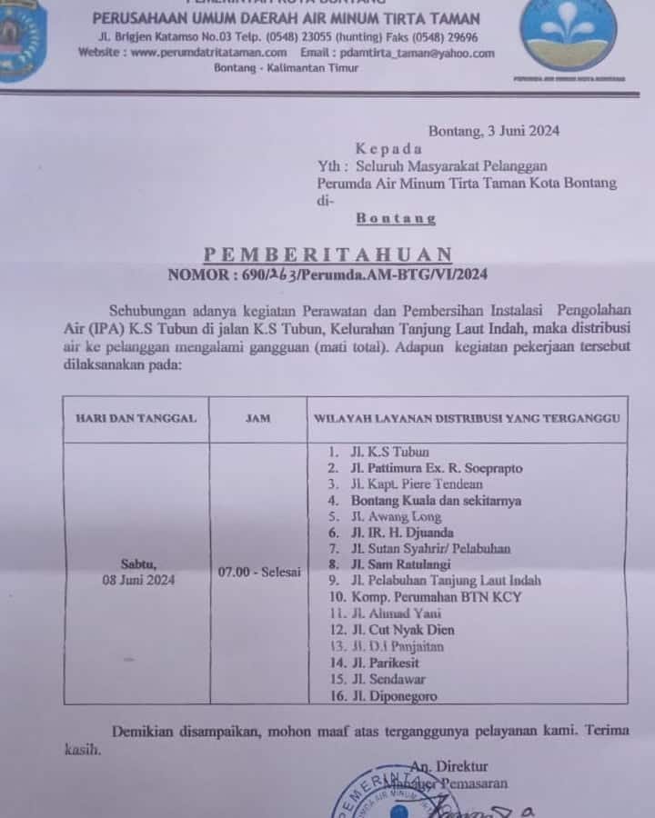 Pengumuman PDAM Tirta Taman Bontang
