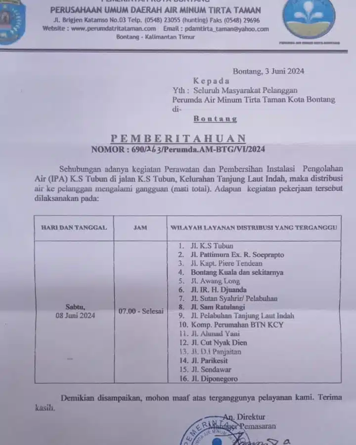 Pengumuman PDAM Tirta Taman Bontang
