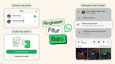 WhatsApp perkenalkan fitur baru 2026, termasuk pengosongan penyimpanan, transfer chat lintas platform, dua akun di satu HP, dan bantuan menulis AI. (FOTO: WhatsApp).