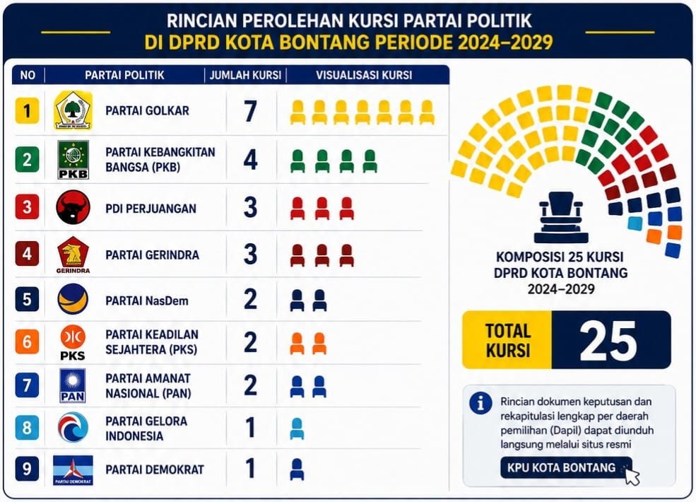 Perolehan 25 kursi DPRD Bontang periode 2024-2029. (Infografis: Data KPU Bontang)