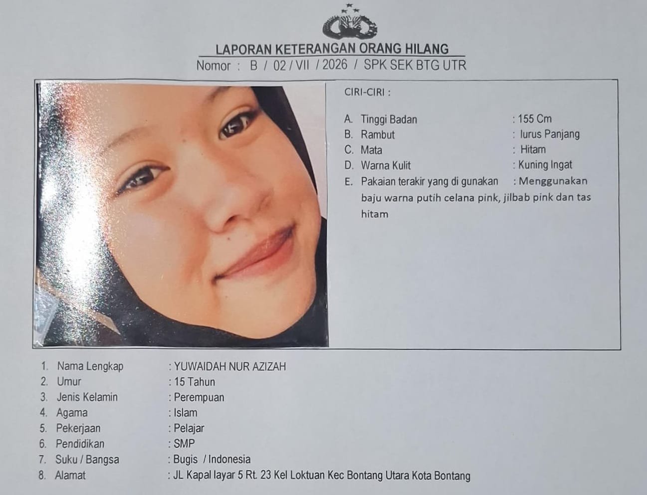Pengumuman Orang Hilang: Seorang Gadis SMP di Loktuan, Bontang Utara di Laporkan Telah Menghilang Beberapa Hari. (FOTO: KS)