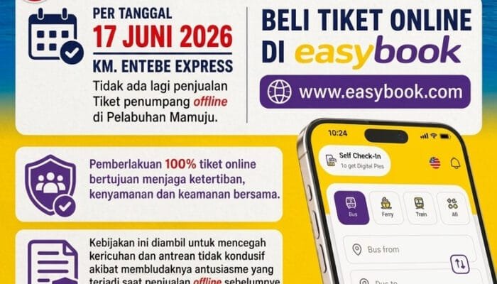 Mulai 17 Juni 2026, Tiket KM Entebe Express di Pelabuhan Mamuju Wajib Dibeli Secara Online
